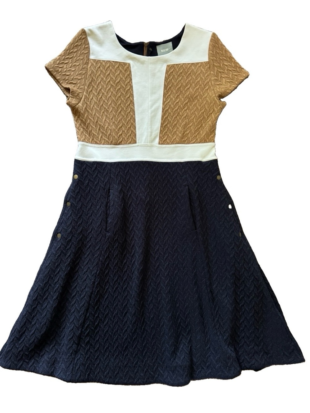 Anthropologie Maeve Cabled Colorblock Fit Flare Dress Pockets Navy 10 - Picture 3 of 16
